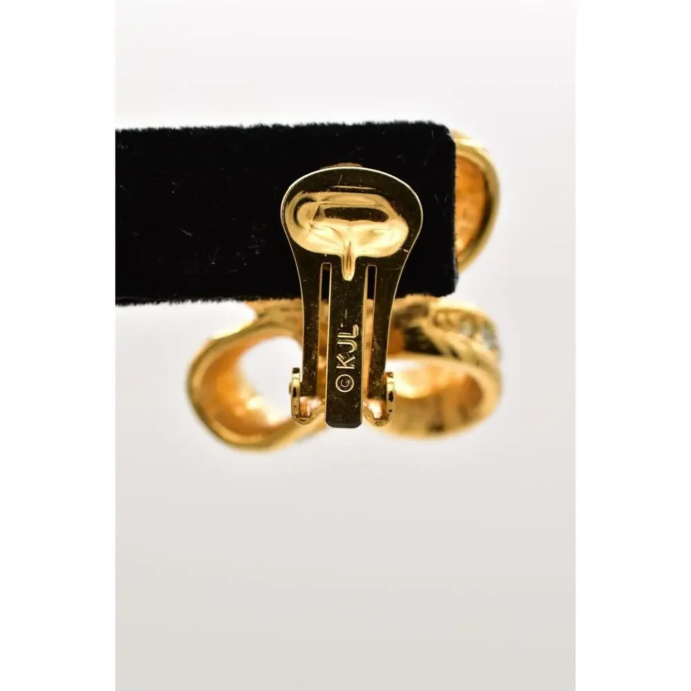 KJL Vintage Crystal Bow Clip Earrings Knot Gold Tone Chunky Signed 1990s BinBF - Picture 9 of 12